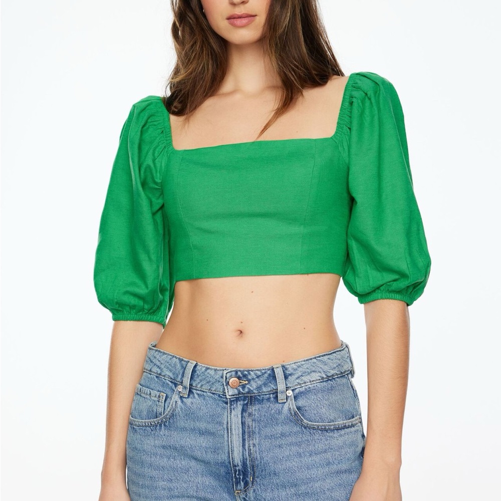 Green Puff Sleeve Crop Top